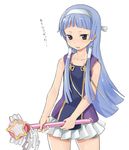  bangs blue_hair blunt_bangs hair_tubes hairband kannagi long_hair nagi pleated_skirt purple_eyes simple_background skirt solo tarayama wand white_background white_skirt 