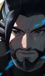  1boy asian beard black_hair close-up closed_mouth facial_hair hanzo_(overwatch) looking_at_viewer male_focus mature_male o_o6771 overwatch solo 