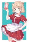  1girl apron blonde_hair blunt_bangs bow breasts cowboy_shot cup dot_nose dress earrings frilled_apron frills green_eyes grin hair_rings hand_on_own_hip holding holding_cup indie_virtual_youtuber jewelry light_blush looking_at_viewer medium_breasts medium_hair official_alternate_costume outside_border polka_dot polka_dot_dress puffy_short_sleeves puffy_sleeves red_bow red_dress shigure_ui shigure_ui_(vtuber) short_sleeves smile solo standing sweets_paradise virtual_youtuber waist_apron white_bow 