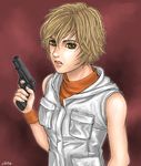  blonde_hair brown_eyes chita_(artist) gun heather_mason lipstick makeup short_hair silent_hill silent_hill_3 sleeveless sleeveless_turtleneck solo turtleneck vest weapon wristband 