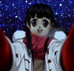  1other ambiguous_gender blunt_bangs brown_eyes coat duffel_coat fur-trimmed_coat fur_trim gloves hair_ornament hairclip light_particles long_hair long_sleeves looking_at_viewer meme nazono_mito nijisanji open_clothes open_coat open_mouth pov_cheek_warming_(meme) reaching reaching_towards_viewer red_gloves red_scarf scarf sidelocks smile solo tengu_nimuru virtual_youtuber white_coat winter_gloves 