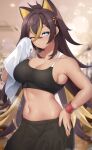  1girl absurdres bare_arms bare_shoulders black_pants black_sports_bra blue_eyes breasts brown_hair cleavage commentary_request cowboy_shot crop_top dark_skin dehya_(genshin_impact) genshin_impact highres indoors kirima_(user_danf8787) large_breasts long_hair looking_at_viewer midriff navel one_eye_closed pants pointy_hair solo sports_bra standing stomach sweat towel very_long_hair workout_clothes wristband 