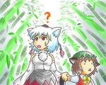  ? animal_ears bamboo bamboo_forest bare_shoulders bit_(kksbit) breasts cat_ears chen detached_sleeves eyebrows forest hat holding_hands inubashiri_momiji medium_breasts multiple_girls nature open_mouth silver_hair thick_eyebrows tokin_hat touhou triangle_mouth wolf_ears 