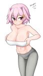  1girl absurdres bandeau breasts brown_eyes cleavage collarbone cowboy_shot feet_out_of_frame grey_pants hair_ornament highres kantai_collection large_breasts maru_(marg0613) midriff one-hour_drawing_challenge pants pink_hair short_hair simple_background solo strapless tama_(kancolle) tube_top white_background white_bandeau yoga_pants 