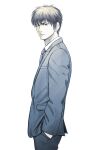  1boy closed_mouth collared_shirt from_side hand_in_pocket highres jacket jchoy looking_at_viewer looking_to_the_side male_focus monochrome necktie pants rukawa_kaede shirt simple_background slam_dunk_(series) solo suit thick_eyebrows v-shaped_eyebrows white_background 