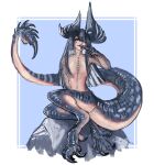  1girl 202vincent absurdres animal_feet animal_hands asymmetrical_horns blue_background blue_hair blue_scales blue_tongue claws colored_inner_hair colored_tongue completely_nude digitigrade dragon_girl dragon_horns dragon_tail english_commentary forked_tongue full_body hair_censor hair_over_one_eye hand_up highres horns large_horns licking licking_finger long_hair looking_at_viewer monster_girl multicolored_hair nude original red_eyes rock scales sharp_teeth simple_background sitting sitting_on_rock slit_pupils smile solo tail teeth tongue tongue_out uneven_horns 