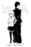  1girl aisaka_taiga back-to-back crossed_arms greyscale height_difference long_sleeves looking_at_viewer monochrome pants ryou simple_background skirt takasu_ryuuji text_focus thighhighs toradora! white_background zettai_ryouiki 