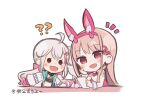  2girls :d ? ?? ahoge animal_ears blush bow bowtie breasts brown_hair cellphone chibi cleavage collar commentary_request detached_collar fake_animal_ears fang goddess_of_victory:_nikke grey_hair hair_ornament hairband hairclip holding holding_phone horns jackal_(nikke) jacket leotard long_hair long_sleeves low_twintails multicolored_hair multiple_girls notice_lines open_clothes open_jacket phone pink_hair pink_hairband pink_leotard puffy_long_sleeves puffy_sleeves rabbit_ears red_bow red_bowtie red_eyes side_ponytail simple_background small_breasts smile strapless strapless_leotard streaked_hair totatokeke translation_request twintails upper_body viper_(nikke) viper_(toxic_rabbit)_(nikke) white_background white_collar white_jacket wing_collar wrist_cuffs 