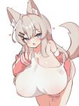  1girl animal_ear_fluff animal_ears blue_eyes blush breasts cardigan cleavage dog_ears dog_girl dog_tail heart highres huge_breasts leaning_forward long_hair nipples no_pants off_shoulder open_cardigan open_clothes original satou_kurua satou_kurua_(artist) see_though shirt shortstack simple_background sleeves_past_wrists solo tail very_long_hair white_background white_hair white_shirt 