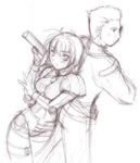  1girl artist_request back-to-back brown gun katina_tarask lowres monochrome russel_bagman sketch super_robot_wars super_robot_wars_original_generation weapon 