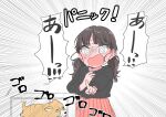  @_@ absurdres black_sweater brown_hair commentary_request highres inami_anju kashikaze long_hair long_sleeves low_twintails nervous_sweating open_mouth pointing real_life red_skirt skirt sweat sweater translation_request twintails voice_actor 