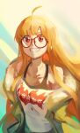  1girl absurdres ahoge black_tank_top breasts commentary fur-trimmed_jacket fur_trim glasses green_jacket grin highres jacket long_hair no_good_no_good open_clothes open_jacket orange_hair persona persona_5 red-framed_eyewear red_eyes sakura_futaba shirt sidelocks small_breasts smile solo tank_top white_shirt 
