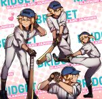  1boy absurdres alternate_costume aqua_eyes baseball_bat baseball_cap baseball_mitt baseball_uniform black_gloves blonde_hair blue_headwear blush bridget_(guilty_gear) gloves guilty_gear guilty_gear_strive hat highres holding holding_baseball_bat long_sleeves looking_at_viewer male_focus medium_hair molina multiple_views otoko_no_ko ponytail smile sportswear 