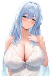  1girl bare_arms bare_shoulders blue_hair blush breasts cleavage closed_mouth collarbone futon_fly_away green_eyes highres large_breasts long_hair mole mole_under_eye original simple_background sleeveless solo upper_body white_background 