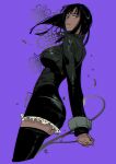  1girl absurdres arm_behind_back black_footwear black_hair black_jacket black_skirt blue_eyes cuffs dr11ge handcuffs highres jacket looking_back microskirt nico_robin one_piece purple_background skirt 