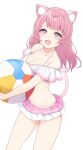  1girl :d ahoge alternate_costume alternate_hairstyle animal_ear_fluff animal_ears ball beachball bikini breasts cat_ears cat_girl cat_tail cleavage collarbone commentary_request commission cowboy_shot frilled_bikini frills highres holding holding_ball holding_beachball indie_virtual_youtuber izumiya_konomi light_blush long_hair looking_at_viewer medium_breasts nishino_eri open_mouth pink_bikini pink_eyes pink_hair pink_tail second-party_source simple_background skeb_commission smile solo swimsuit tail virtual_youtuber white_background white_bikini 