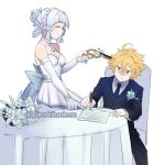  1boy 1girl aether_(genshin_impact) ahoge black_necktie black_suit blonde_hair dress flower genshin_impact gloves gun handgun highres holding holding_gun holding_weapon kamisato_ayaka marriage_certificate_(object) necktie pen smile suit sweatdrop table threat twitter_username weapon wedding_dress wheellock white_background white_gloves white_hair yandere yellow_eyes yuushiba 