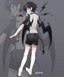  1boy alternate_costume aqua_hair ass black_hair black_shorts black_tail black_wings braided_sidelock crossdressing demon_horns demon_tail demon_wings feet full_body genshin_impact gradient_hair green_eyes grey_background grey_vest highres horns kneepits legs looking_at_viewer looking_back male_focus multicolored_hair no_shoes otoko_no_ko parted_bangs red_horns shadow short_hair_with_long_locks short_shorts short_sleeves shorts single_horn solo swept_bangs tail tcsalmon thighhighs toes twitter_username venti_(genshin_impact) vest white_thighhighs wings zoom_layer 