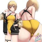  1girl animal_print ass ass_focus black_choker black_jacket blonde_hair breasts choker commission competition_swimsuit cowboy_shot dated from_behind hand_in_pocket highres idolmaster idolmaster_shiny_colors jacket leaning_forward letterman_jacket medium_breasts multiple_views one-piece_swimsuit pixiv_commission purple_eyes saijo_juri short_hair signature simple_background standing swimsuit tiger_print two-tone_swimsuit white_background yellow_one-piece_swimsuit yoo_tenchi 