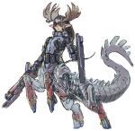  1girl 202vincent absurdres antlers black_hair centauroid full_body hand_up highres holding holding_weapon hooves long_hair looking_at_viewer mechanical_tail monster_girl original pointy_ears simple_background solo standing tail taur weapon white_background yellow_eyes 