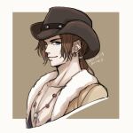  1boy bare_pectorals bead_necklace beads blue_eyes brown_background brown_hair brown_headwear coat commentary cowboy cowboy_hat cropped_torso dangle_earrings dated earrings final_fantasy final_fantasy_viii fur-trimmed_coat fur_trim hat hiryuu_(kana_h) irvine_kinneas jewelry low_ponytail male_focus necklace pectorals ponytail sidelocks signature simple_background smile solo upper_body 