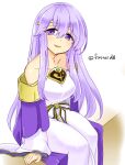  1girl bare_shoulders breasts circlet dress fire_emblem fire_emblem:_genealogy_of_the_holy_war highres julia_(fire_emblem) long_hair looking_at_viewer open_mouth purple_eyes purple_hair sash simple_background sitting smile solo wide_sleeves yukia_(firstaid0) 
