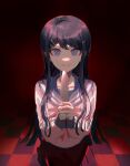  1girl absurdres black_hair blue_eyes blue_sailor_collar bow bowtie breasts checkered_floor closed_mouth collarbone danganronpa:_trigger_happy_havoc danganronpa_(series) fug_uai hair_ornament hairclip hands_up highres holding holding_knife knife large_breasts long_hair maizono_sayaka miniskirt own_hands_together pink_bow pink_bowtie red_background sailor_collar shirt skirt smile solo white_shirt 