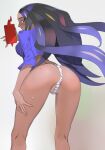  1girl ass black_hair blue_shirt blush breasts dark-skinned_female dark_skin from_behind fundoshi geeta_(pokemon) highres japanese_clothes kneepits long_hair looking_at_viewer looking_back medium_breasts multicolored_hair parted_lips phone pokemon pokemon_sv purple_eyes rotom rotom_phone shirt simple_background smile solo standing streaked_hair sweatdrop thighs two-tone_hair ukimukai white_background 