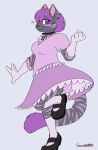 anthro bottomwear chocolatekitsune clothed clothing clothing_lift diaper dress fashion felid feline female footwear gloves hair handwear head_tuft hearts_around_head hi_res lolita_(fashion) lolita_dress mammal pose purple_hair shoes skirt skirt_lift socks solo tuft twirling