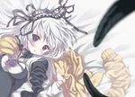  bad_id bad_pixiv_id bed blush doll_joints dress feathers hairband long_hair lying moriki_takeshi pink_eyes purple_eyes ribbon rozen_maiden silver_hair solo suigintou sweater 