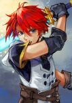  1boy adol_christin black_gloves blue_eyes curtained_hair gloves hair_between_eyes highres holding holding_sword holding_weapon hood hood_down hoodie looking_at_viewer red_hair short_sleeves signature solo swept_bangs sword upper_body weapon yora ys ys_x_nordics 
