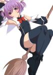  absurdres armpits arms_up breasts broom broom_riding detached_sleeves highres myu_(quiz_magic_academy) oi_tie purple_eyes purple_hair quiz_magic_academy school_uniform small_breasts solo thighhighs two_side_up 