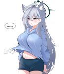  ... 1girl 1other ahoge animal_ear_fluff animal_ears black_shorts blue_archive blue_eyes blue_hoodie blush breasts closed_mouth cowboy_shot cross_hair_ornament dark_halo disembodied_limb extra_ears grey_hair hair_between_eyes hair_ornament halo hood hood_down hoodie large_breasts long_hair navel shiroko_(blue_archive) shiroko_terror_(blue_archive) shorts simple_background skyrain315 spoken_ellipsis white_background wolf_ears 