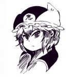  1other androgynous chikafumikou closed_mouth collared_shirt commentary_request frilled_hat frills greyscale hat high_contrast len&#039;en light_frown lowres monochrome other_focus shirt shitodo_kuroji short_hair simple_background sketch solo white_background 