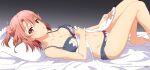  1girl artist_name barefoot bed_sheet blue_bra blue_panties bow bow_bra bow_panties bra breasts cleavage collarbone feet groin hair_bun lolivia looking_at_viewer lying medium_breasts navel on_back on_bed orange_eyes orange_hair panties parted_lips pillow sheet_grab short_hair single_hair_bun single_side_bun solo thighs underwear underwear_only yahari_ore_no_seishun_lovecome_wa_machigatteiru. yuigahama_yui 