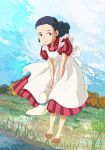  1girl black_hair blue_eyes blue_sky cloud dated day dress hat highres himi_(kimitachi_wa_dou_ikiru_ka) holding holding_clothes holding_hat kimitachi_wa_dou_ikiru_ka leaning_forward natsu_miton outdoors red_dress short_sleeves sky solo standing unworn_hat unworn_headwear water 