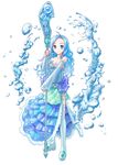  blue_eyes blue_hair detached_sleeves fantasy long_hair original solo staff thighhighs water yuugiri 