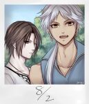  2boys beads blue_eyes blue_shirt blue_sky brown_hair commentary dangle_earrings dark_skin dated dissidia_final_fantasy earrings final_fantasy final_fantasy_ii final_fantasy_viii firion grey_hair high_collar hiryuu_(kana_h) jewelry leaf long_hair looking_at_viewer male_focus multiple_boys necklace open_mouth outdoors photo_(object) roman_numeral scar scar_on_face shirt short_hair signature sky sleeveless sleeveless_shirt smile squall_leonhart standing tree upper_body v-neck white_shirt yellow_eyes 