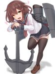  1girl anchor anchor_symbol black_sailor_collar black_skirt black_thighhighs blush brown_eyes brown_footwear brown_hair em_s fang hair_between_eyes heart highres ikazuchi_(kancolle) kantai_collection long_sleeves looking_at_viewer neckerchief open_mouth pleated_skirt red_neckerchief sailor_collar school_uniform serafuku shoes short_hair simple_background skirt smile solo standing standing_on_one_leg thighhighs white_background 