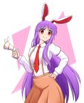  1girl absurdres animal_ears artist_name carrot_pin commission hand_on_own_hip highres long_hair looking_at_viewer lunatic_gun necktie orange_skirt overall_skirt purple_hair rabbit_ears rabbit_girl rakkidei red_eyes red_necktie reisen_udongein_inaba shirt skirt smile solo touhou very_long_hair white_background white_shirt 