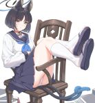  1girl :/ animal_ears black_hair black_ribbon blue_archive blue_halo blue_neckerchief blue_sailor_collar blue_skirt book book_stack cat_ears cat_girl cat_tail chair closed_mouth commentary_request fangxiang_cuoluan grey_eyes halo highres kikyou_(blue_archive) kneehighs light_blush long_sleeves looking_at_viewer multiple_tails neck_ribbon neckerchief on_chair panties pleated_skirt ribbon sailor_collar sandals school_uniform shirt short_hair simple_background sitting_sideways skirt socks solo tail thighhighs toes two_tails underwear white_background white_panties white_shirt white_socks 