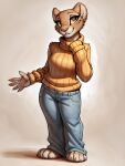  amara anthro clothing fathippo felid female hi_res lion mammal pantherine smile solo yellow 