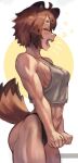 1girl abs ahoge animal_ears breasts brown_hair closed_eyes cowboy_shot highres muscular muscular_female navel open_mouth original panties raccoon_ears raccoon_girl raccoon_tail short_hair sideboob small_breasts solo stretching tail teeth tongue underwear waking_up wersman yawning 