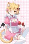  1girl ;) ahoge alternate_costume animal_ear_fluff animal_ears apron ayamy bat_hair_ornament bat_wings black_wings blonde_hair breasts cat_ears cat_girl cat_tail cleavage cleavage_cutout clothing_cutout enmaided hair_ornament highres hololive kemonomimi_mode looking_at_viewer maid maid_apron medium_breasts one_eye_closed puffy_short_sleeves puffy_sleeves short_hair short_sleeves sitting smile solo tail thigh_strap thighhighs virtual_youtuber white_thighhighs wings wrist_cuffs yellow_eyes yozora_mel 
