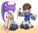  aile blush brown_hair green_eyes hair_over_eyes mimikaki multiple_girls pantyhose ponytail purple_hair rockman rockman_zx rose_(rockman_zx) seiza shigehiro_(hiroi_heya) short_hair sitting smile 