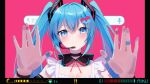  1girl against_fourth_wall alternate_costume aqua_hair blue_eyes blush commentary_request fourth_wall hair_between_eyes hair_ornament hands_up hatsune_miku headset heart heart_hair_ornament highres long_hair looking_at_viewer neck_ribbon parted_lips pink_background portrait red_ribbon ribbon shun&#039;ya_(daisharin36) sidelocks solo teeth twintails vocaloid 