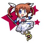  brown_hair chibi dress hair_ribbon lyrical_nanoha mahou_shoujo_lyrical_nanoha nekotoufu purple_eyes raising_heart ribbon smile solo takamachi_nanoha twintails 