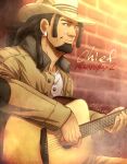 1boy artist_name beard brick_wall brown_eyes brown_jacket chief_(megalo_box) chihiro_(jnkch6) dreadlocks earrings facial_hair hat highres jacket jewelry long_sleeves mature_male megalo_box outdoors playing_guitar sitting solo stubble 