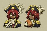  1boy ascot black_coat coat cropped_torso eating epaulettes eyepatch food gloves high_collar holding holding_food horizontal_pupils looking_at_viewer maniani octopus_boy octopus_print original pirate red_hair straight-on tentacle_hair white_ascot yellow_eyes 