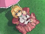  antenna_hair blonde_hair blue_eyes blush brave_soul breasts caren_(brave_soul) covered_nipples dress dutch_angle frills from_above game_cg glasses grass large_breasts looking_up mogudan outdoors shadow sitting skin_tight smile solo umbrella 